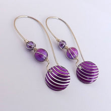 Load image into Gallery viewer, Purple &amp; Silver Tone Wire Wrapped Bead &amp; Pendant Earrings on Long Kidney Hooks
