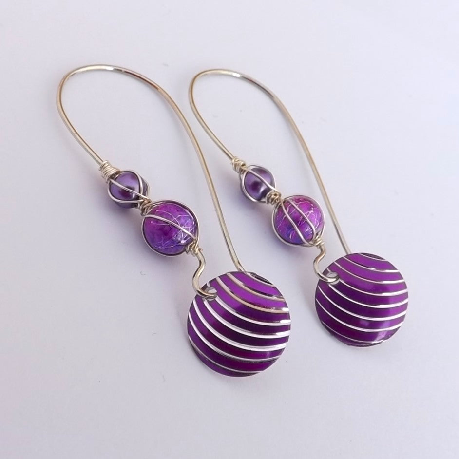 Purple & Silver Tone Wire Wrapped Bead & Pendant Earrings on Long Kidney Hooks