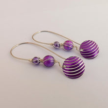Load image into Gallery viewer, Purple &amp; Silver Tone Wire Wrapped Bead &amp; Pendant Earrings on Long Kidney Hooks
