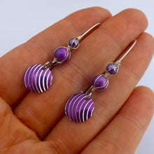 Load image into Gallery viewer, Purple &amp; Silver Tone Wire Wrapped Bead &amp; Pendant Earrings on Long Kidney Hooks
