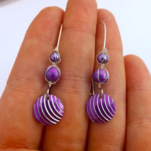 Load image into Gallery viewer, Purple &amp; Silver Tone Wire Wrapped Bead &amp; Pendant Earrings on Long Kidney Hooks
