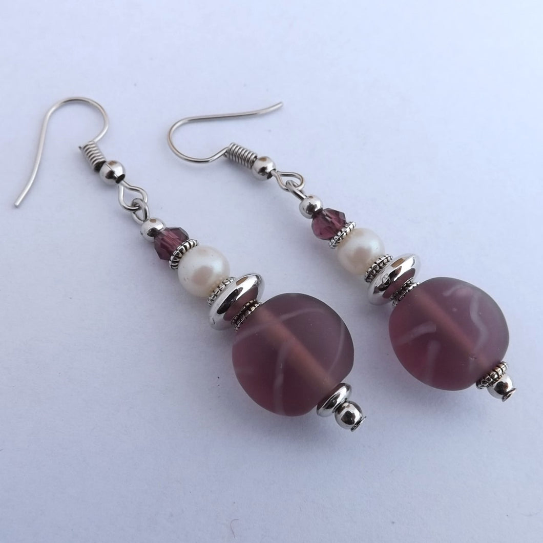 Purple, Silver & Pearl Handmade Bead Earrings (Made in NZ)