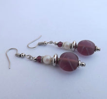 Load image into Gallery viewer, Purple, Silver &amp; Pearl Handmade Bead Earrings (Made in NZ)
