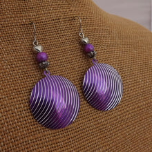 Load image into Gallery viewer, Purple &amp; Silver Striped Round Drop Earrings
