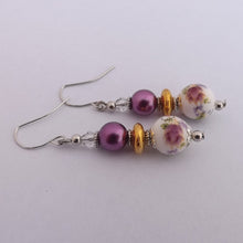 Load image into Gallery viewer, Purple &amp; White Ceramic Handmade Bead Earrings
