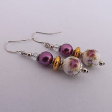 Load image into Gallery viewer, Purple &amp; White Ceramic Handmade Bead Earrings
