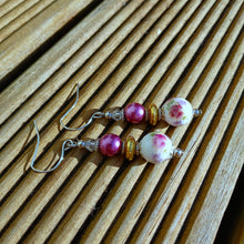 Load image into Gallery viewer, Purple &amp; White Ceramic Handmade Bead Earrings
