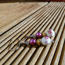 Load image into Gallery viewer, Purple &amp; White Ceramic Handmade Bead Earrings
