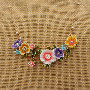 Purple, Yellow, Pink, Blue & Gold Tone Flower Collar Necklace