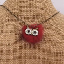 Load image into Gallery viewer, Red Pompom Owl Pendant Necklace on Bronze Tone Chain
