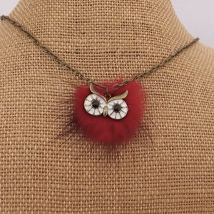 Red Pompom Owl Pendant Necklace on Bronze Tone Chain