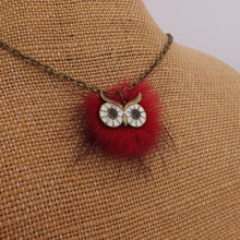 Load image into Gallery viewer, Red Pompom Owl Pendant Necklace on Bronze Tone Chain
