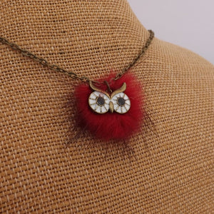 Red Pompom Owl Pendant Necklace on Bronze Tone Chain