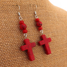 Load image into Gallery viewer, Red Stone Cross Handmade Drop Earrings
