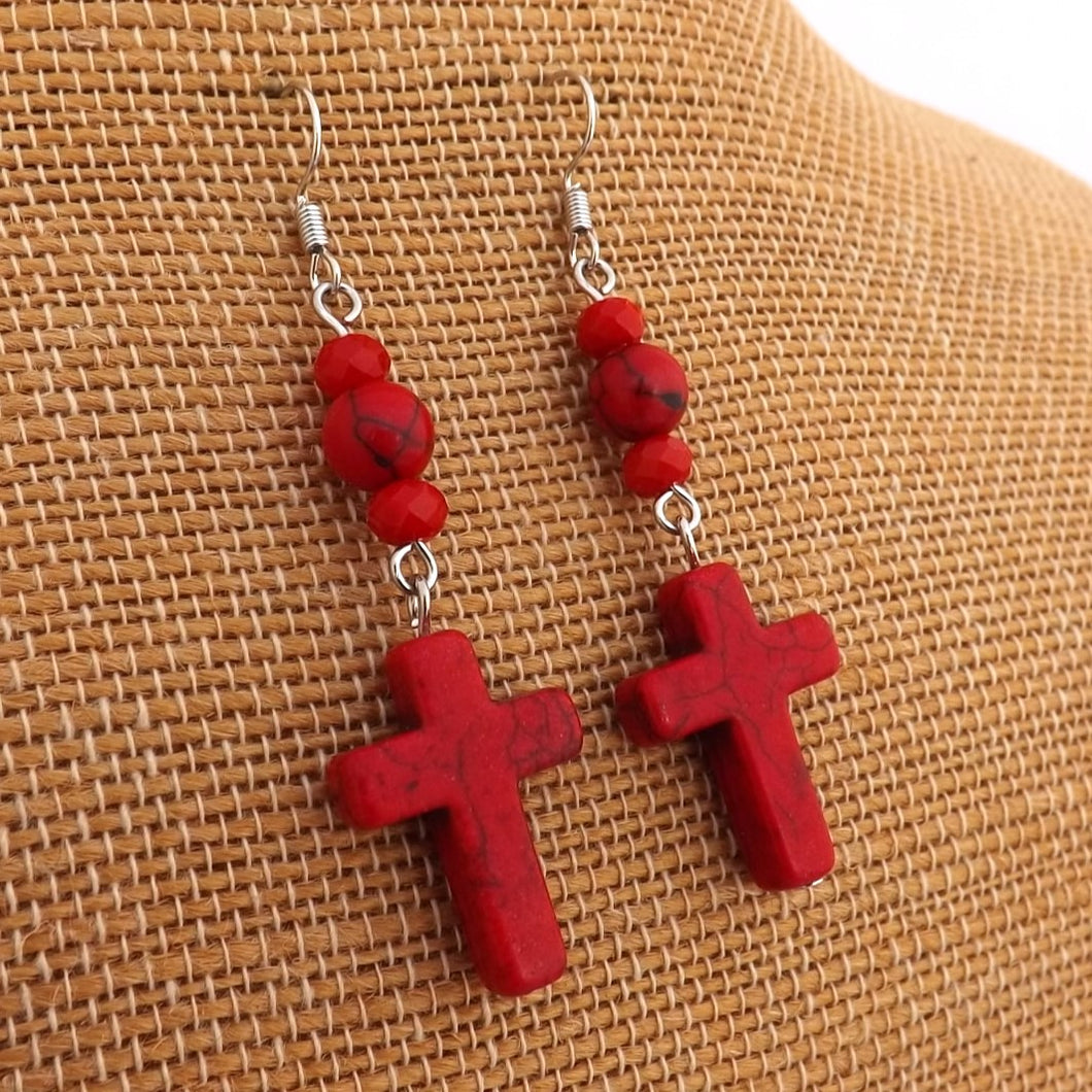 Red Stone Cross Handmade Drop Earrings