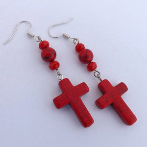 Red Stone Cross Handmade Drop Earrings