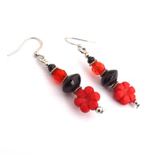 Load image into Gallery viewer, Red &amp; Black Floral Handmade Bead Earrings
