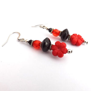 Red & Black Floral Handmade Bead Earrings