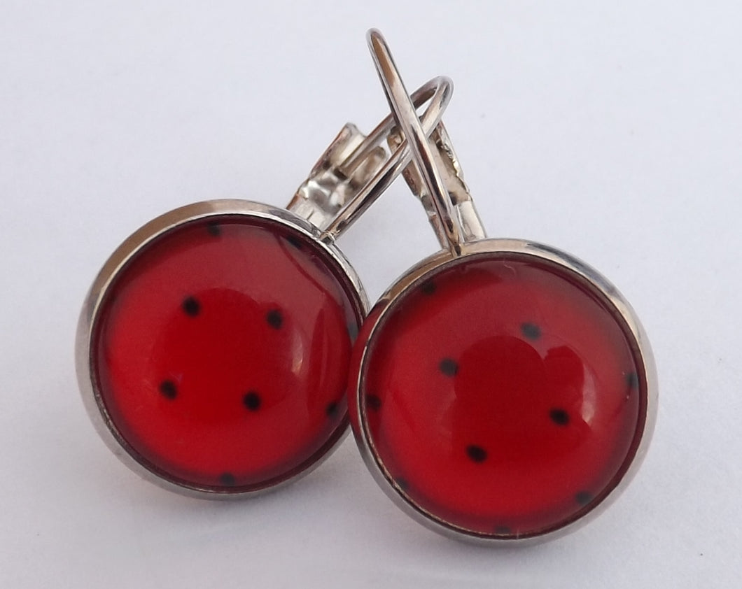 Red & Black Dome Earrings on Lever Back Hooks