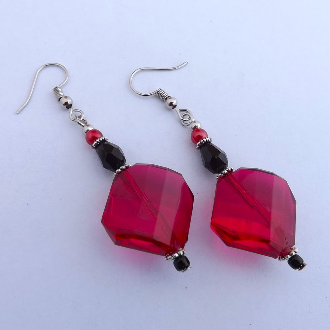 Red & Black Faceted Glass Handmade Bead Earrings (Made in NZ)