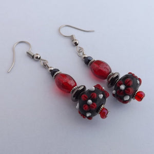 Red & Black Floral Lampwork Handmade Glass Bead Earrings (Made in NZ)