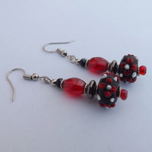 Red & Black Floral Lampwork Handmade Glass Bead Earrings (Made in NZ)