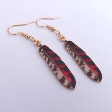 Load image into Gallery viewer, Red, Black, Grey &amp; Gold Tone Feather Drop Earrings
