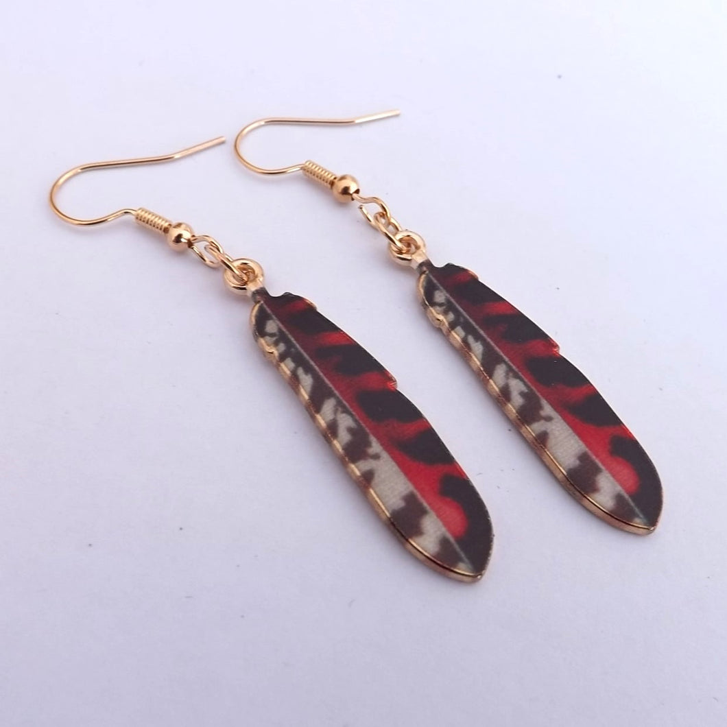 Red, Black, Grey & Gold Tone Feather Drop Earrings