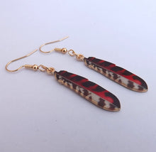 Load image into Gallery viewer, Red, Black, Grey &amp; Gold Tone Feather Drop Earrings
