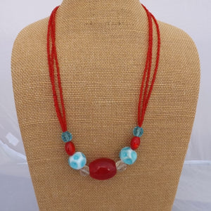 Red & Blue Chunky Glass Bead Handmade Necklace