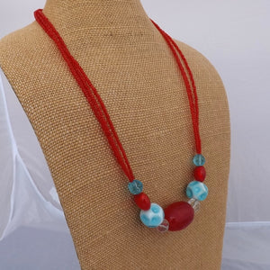 Red & Blue Chunky Glass Bead Handmade Necklace