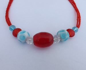 Red & Blue Chunky Glass Bead Handmade Necklace