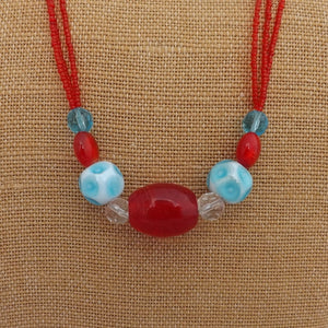 Red & Blue Chunky Glass Bead Handmade Necklace