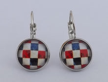 Load image into Gallery viewer, Red, Blue, Black &amp; Cream Checkered Dome Earrings on Lever Back Hooks
