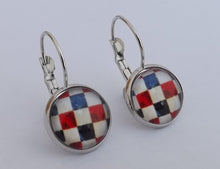 Load image into Gallery viewer, Red, Blue, Black &amp; Cream Checkered Dome Earrings on Lever Back Hooks
