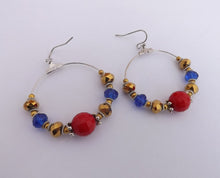 Load image into Gallery viewer, Red, Blue &amp; Gold Handmade Hoop Bead Earrings
