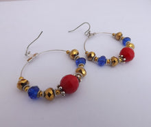 Load image into Gallery viewer, Red, Blue &amp; Gold Handmade Hoop Bead Earrings
