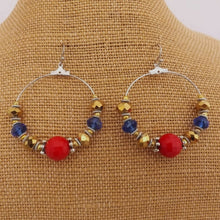 Load image into Gallery viewer, Red, Blue &amp; Gold Handmade Hoop Bead Earrings
