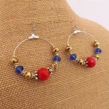 Load image into Gallery viewer, Red, Blue &amp; Gold Handmade Hoop Bead Earrings
