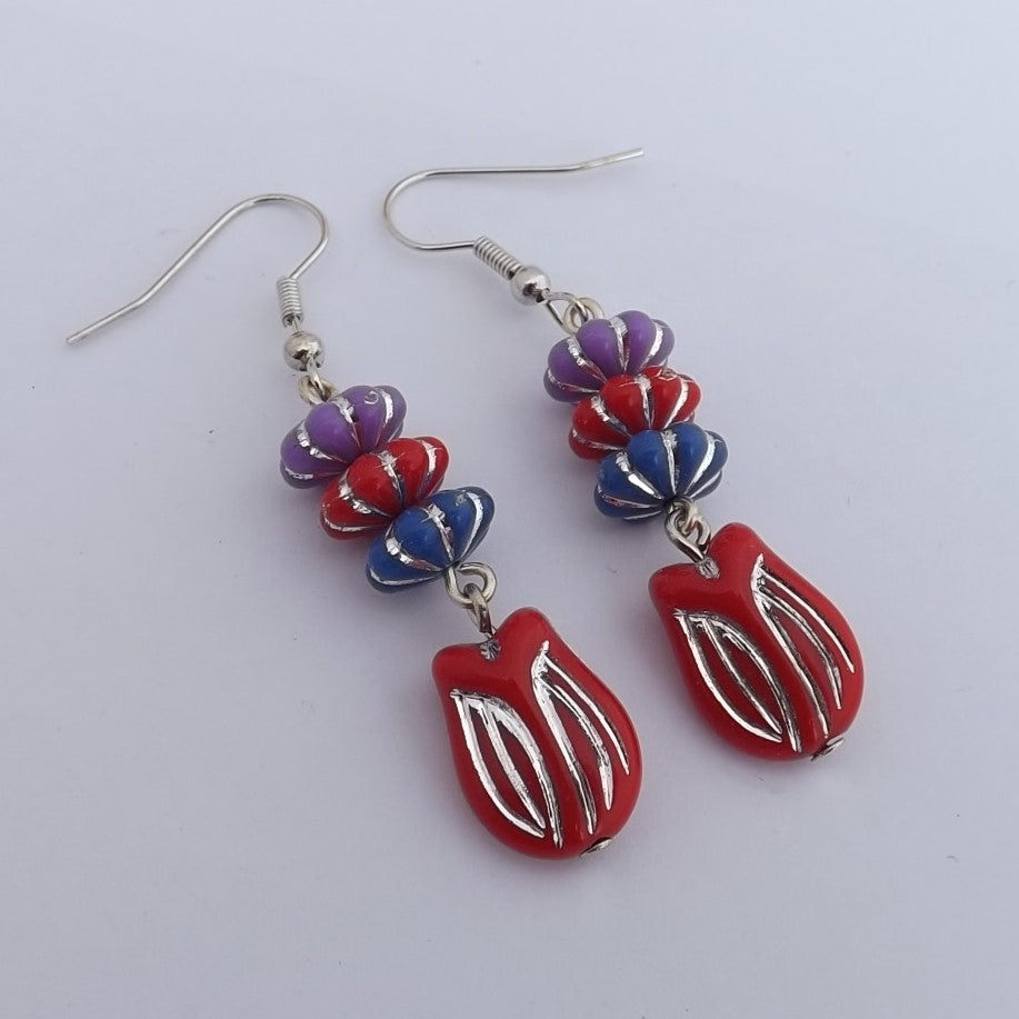 Red, Blue & Purple Floral Handmade Bead Earrings