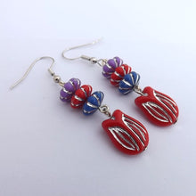 Load image into Gallery viewer, Red, Blue &amp; Purple Floral Handmade Bead Earrings
