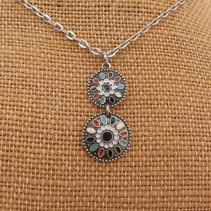 Red, Blue & Silver Round Pendant Necklace