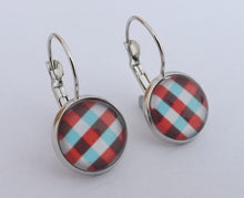 Load image into Gallery viewer, Red, Blue &amp; White Checkered Dome Earrings on Lever Back Hooks

