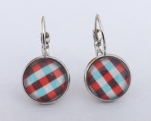 Load image into Gallery viewer, Red, Blue &amp; White Checkered Dome Earrings on Lever Back Hooks
