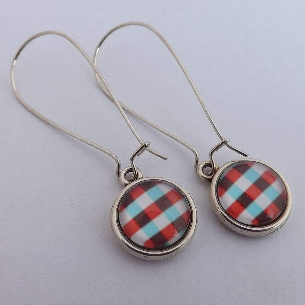 Red, Blue & White Checkered Dome Earrings on Long Kidney Hooks