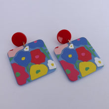 Load image into Gallery viewer, Red, Blue &amp; Yellow Floral Acrylic Earrings
