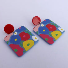 Load image into Gallery viewer, Red, Blue &amp; Yellow Floral Acrylic Earrings
