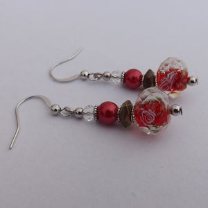 Red, Bronze & Silver Handmade Lamp Work Glass Bead Earrings