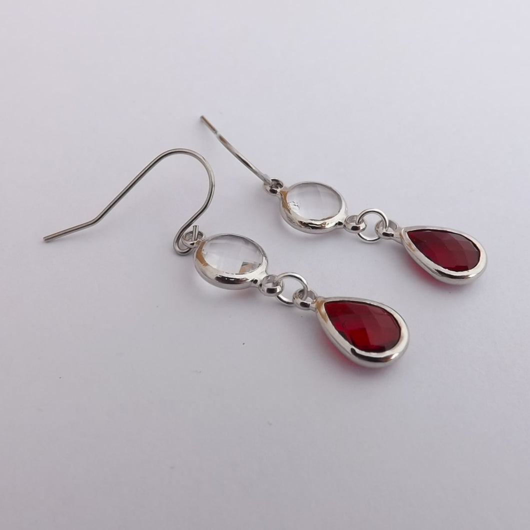 Red & Clear Silver Tone Handmade Drop Earrings