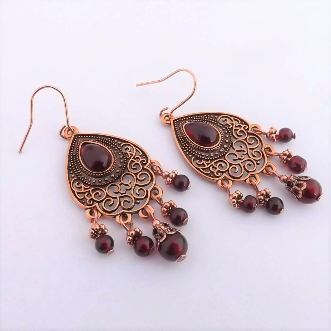 Red & Copper Tone Chandelier Drop Earrings